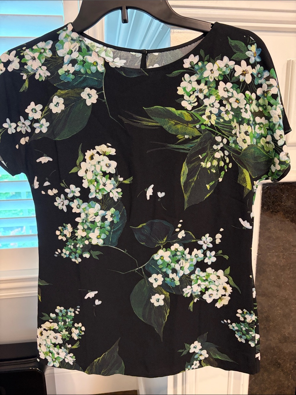 Dolce & Gabbana Black Floral Short-Sleeve Blouse with White & Green Print